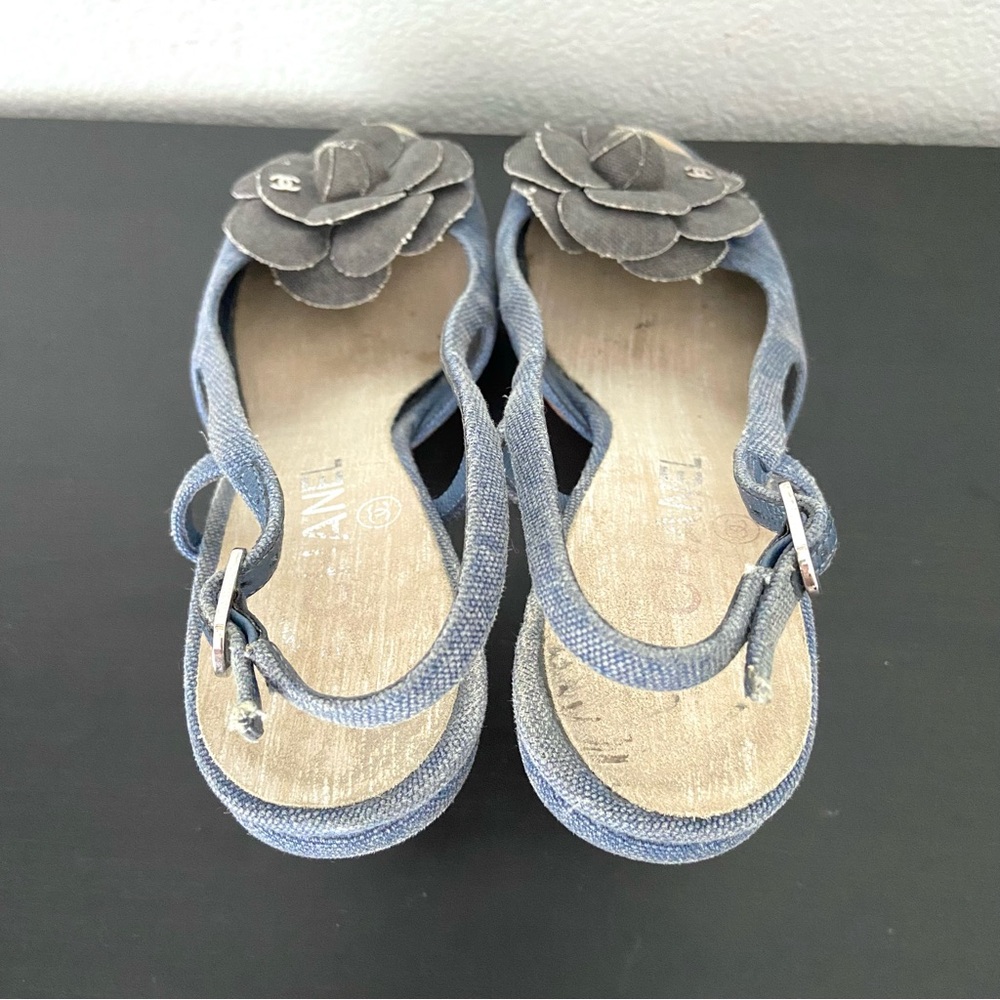 CHANEL Denim Camellia CC Logo Sandals Heels Open Toe Slingback 37.5 - Picture 10 of 16